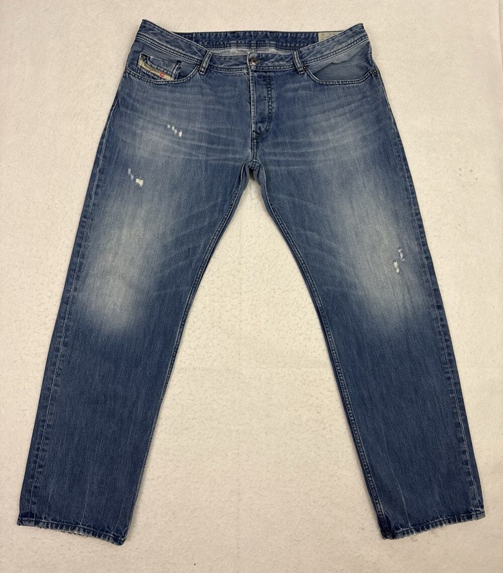 Diesel Waykee Regular Straight Jeans Mens 38x32 Blue Stretch Button Fly Denim